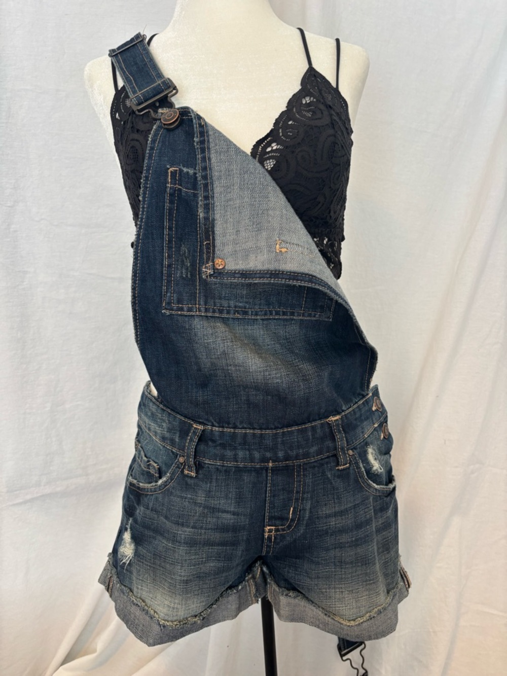 Distressed Denim Short Overalls Romper Blue Jean Bib Shorts Festival Y2K Grunge